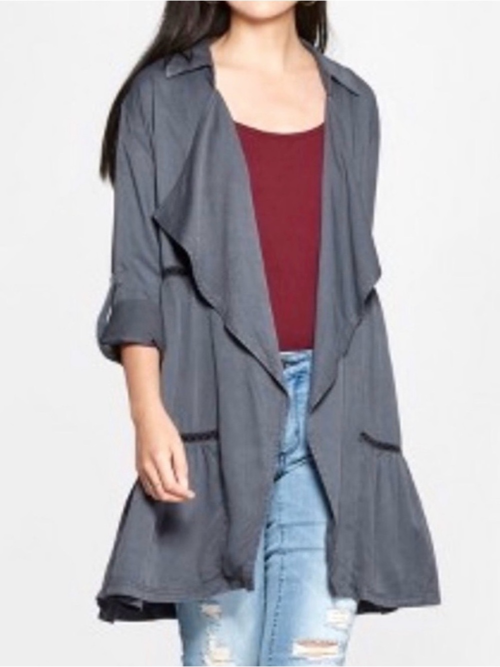 Knox Rose Crochet Openwork Trim Open -Front Cascading Jacket